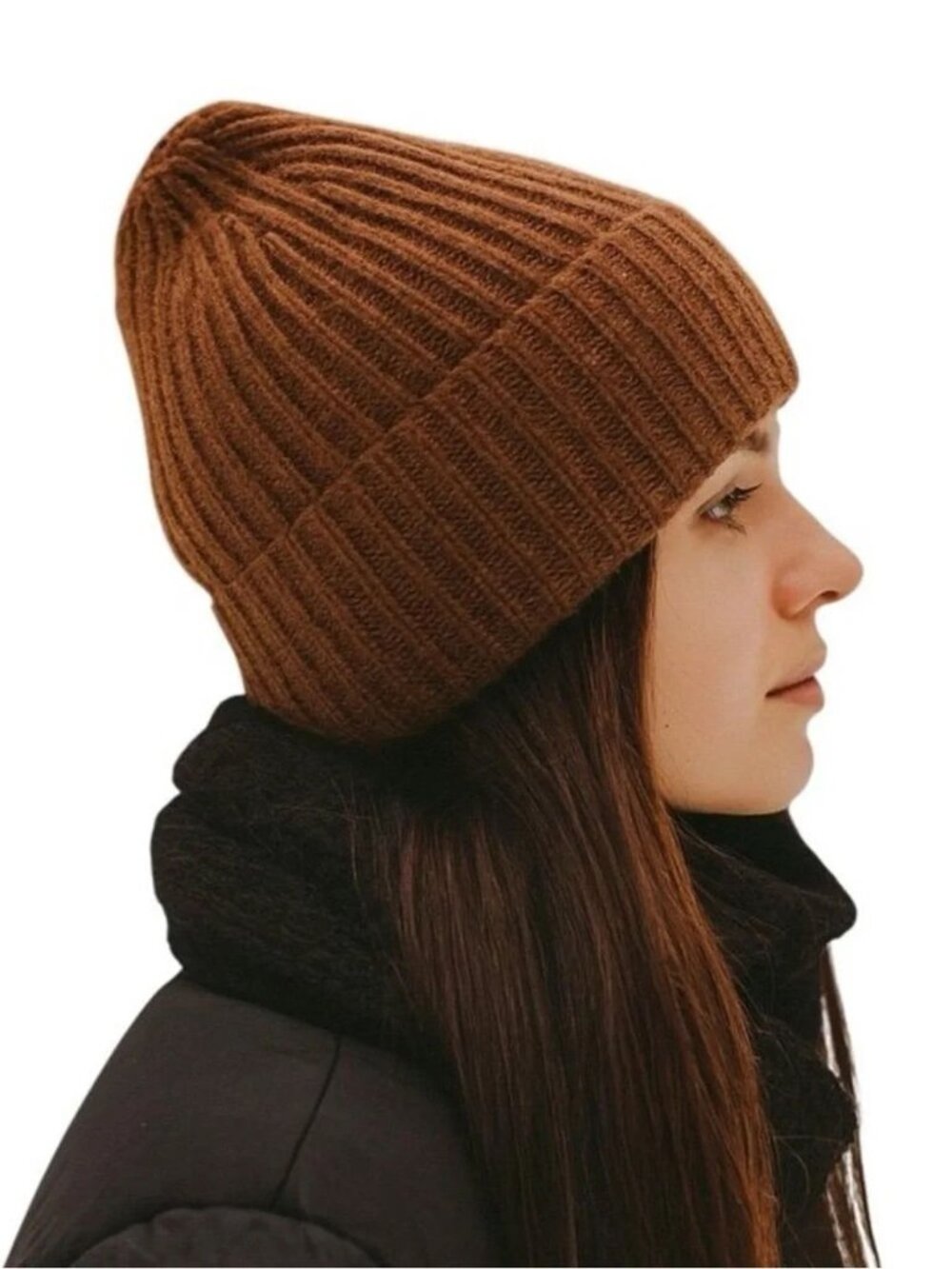 Nordstrom Rack 100% CASHMERE Ribbed Knit Beanie ONE SIZE Brown Foldover Cuff NEW